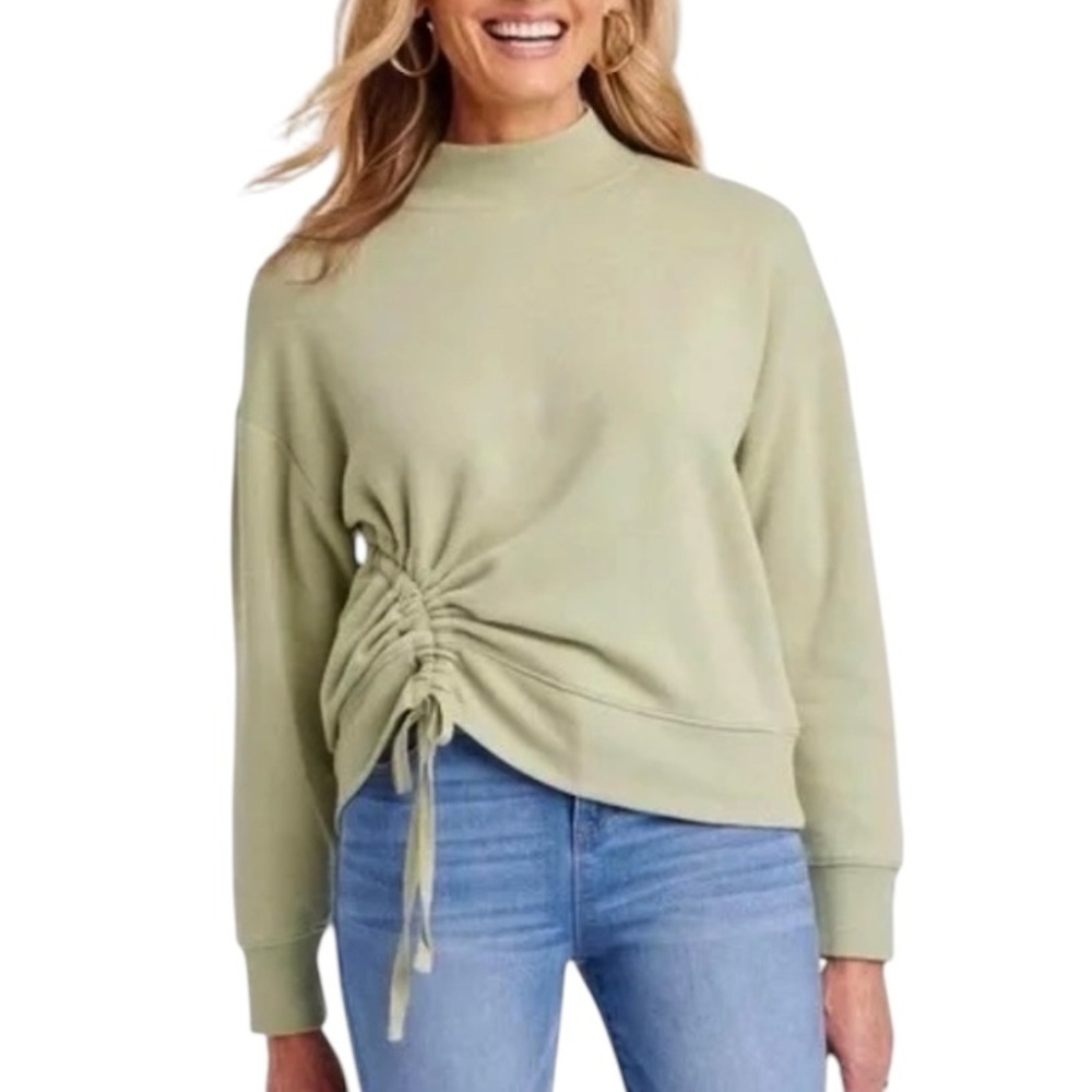 Knox Rose Ruched Side Long Sleeve Mock Neck Sweatshirt Light Green Size XXL - Picture 1 of 15